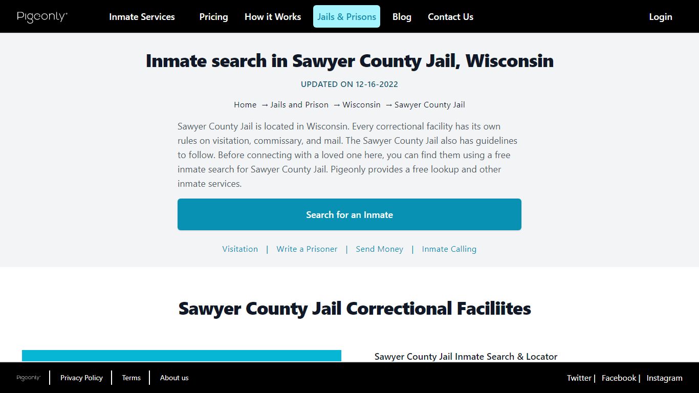 Inmate Search Sawyer County Jail, Wisconsin | Pigeonly