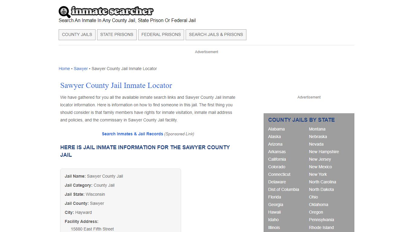 Sawyer County Jail Inmate Locator - Inmate Searcher